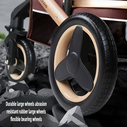 3-in-1high landscape baby stroller that can be seated or reclined,one click folding and folding,two-way shock-absorbing handcart
