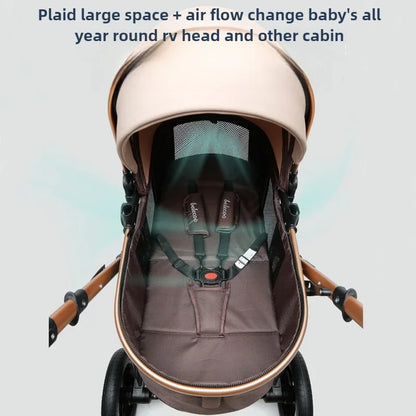 3-in-1high landscape baby stroller that can be seated or reclined,one click folding and folding,two-way shock-absorbing handcart