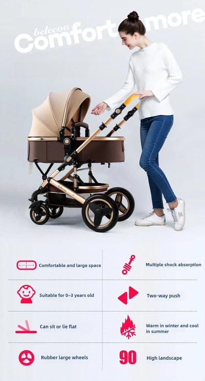 3-in-1high landscape baby stroller that can be seated or reclined,one click folding and folding,two-way shock-absorbing handcart