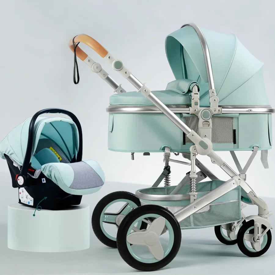 3-in-1high landscape baby stroller that can be seated or reclined,one click folding and folding,two-way shock-absorbing handcart