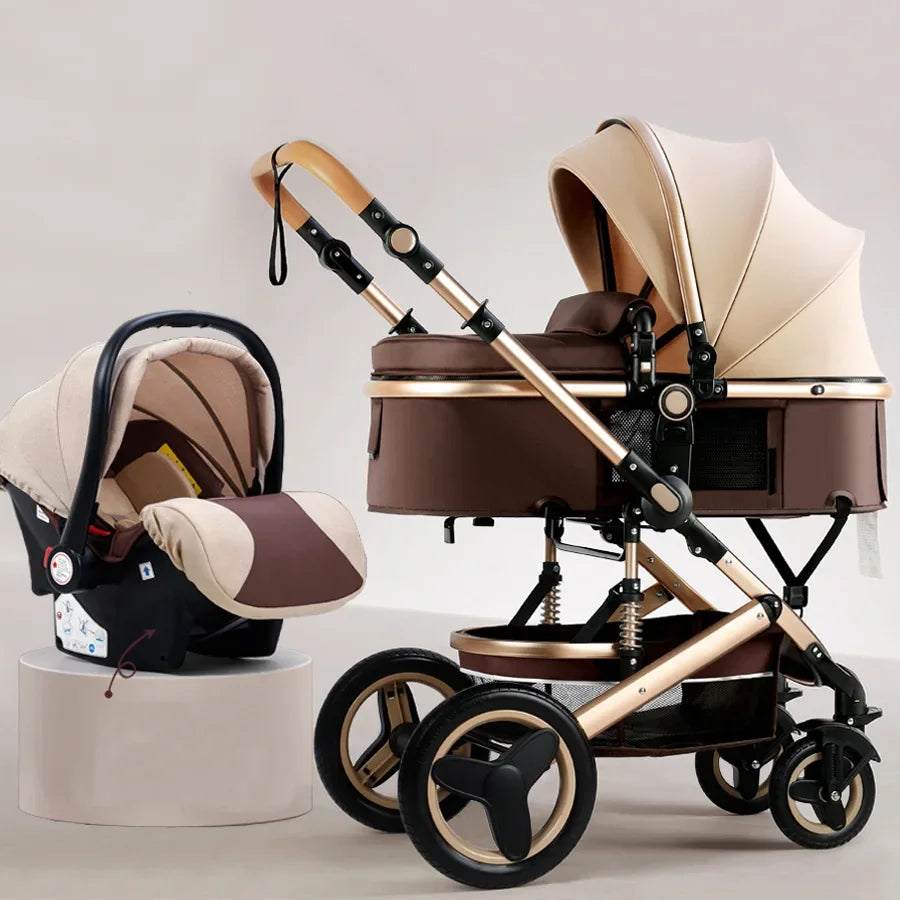 3-in-1high landscape baby stroller that can be seated or reclined,one click folding and folding,two-way shock-absorbing handcart