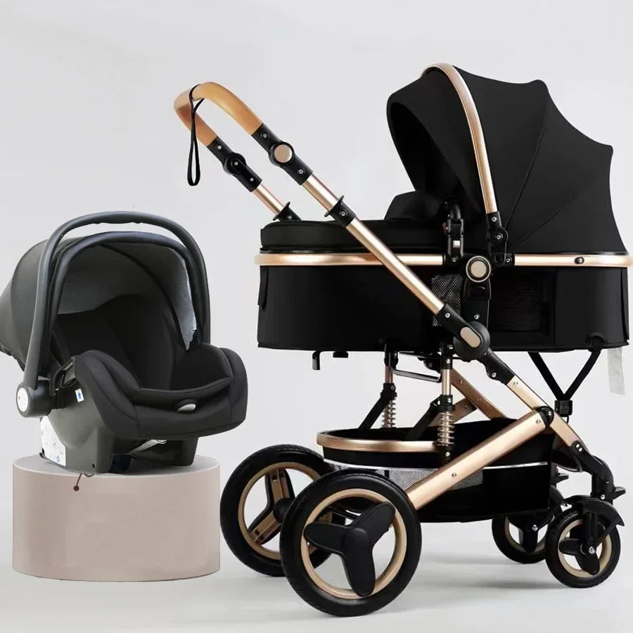 3-in-1high landscape baby stroller that can be seated or reclined,one click folding and folding,two-way shock-absorbing handcart