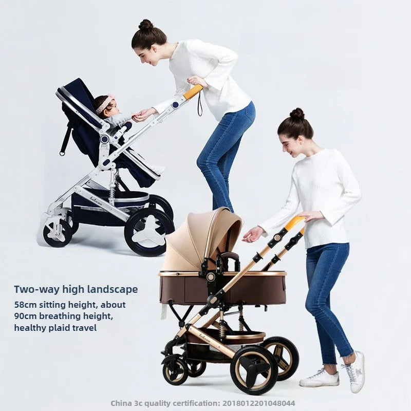 3-in-1high landscape baby stroller that can be seated or reclined,one click folding and folding,two-way shock-absorbing handcart