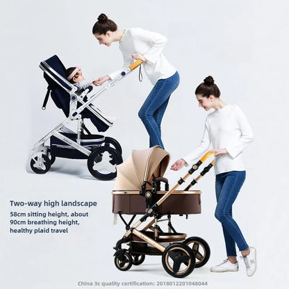 3-in-1high landscape baby stroller that can be seated or reclined,one click folding and folding,two-way shock-absorbing handcart